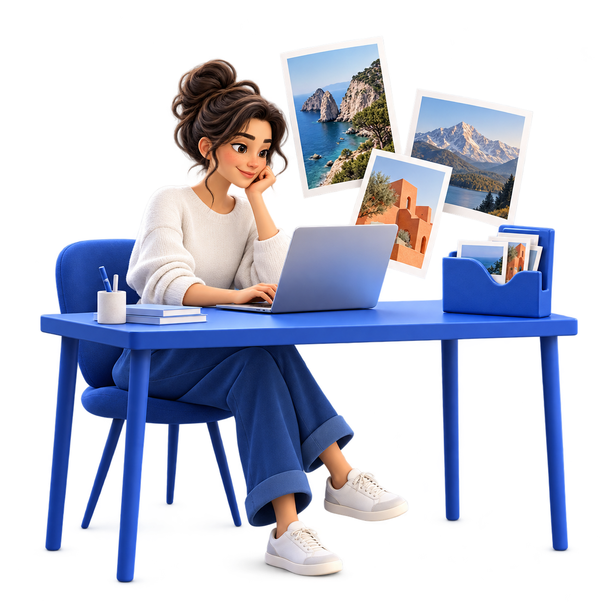 A creator organizing photographs on a laptop beside a blue folder